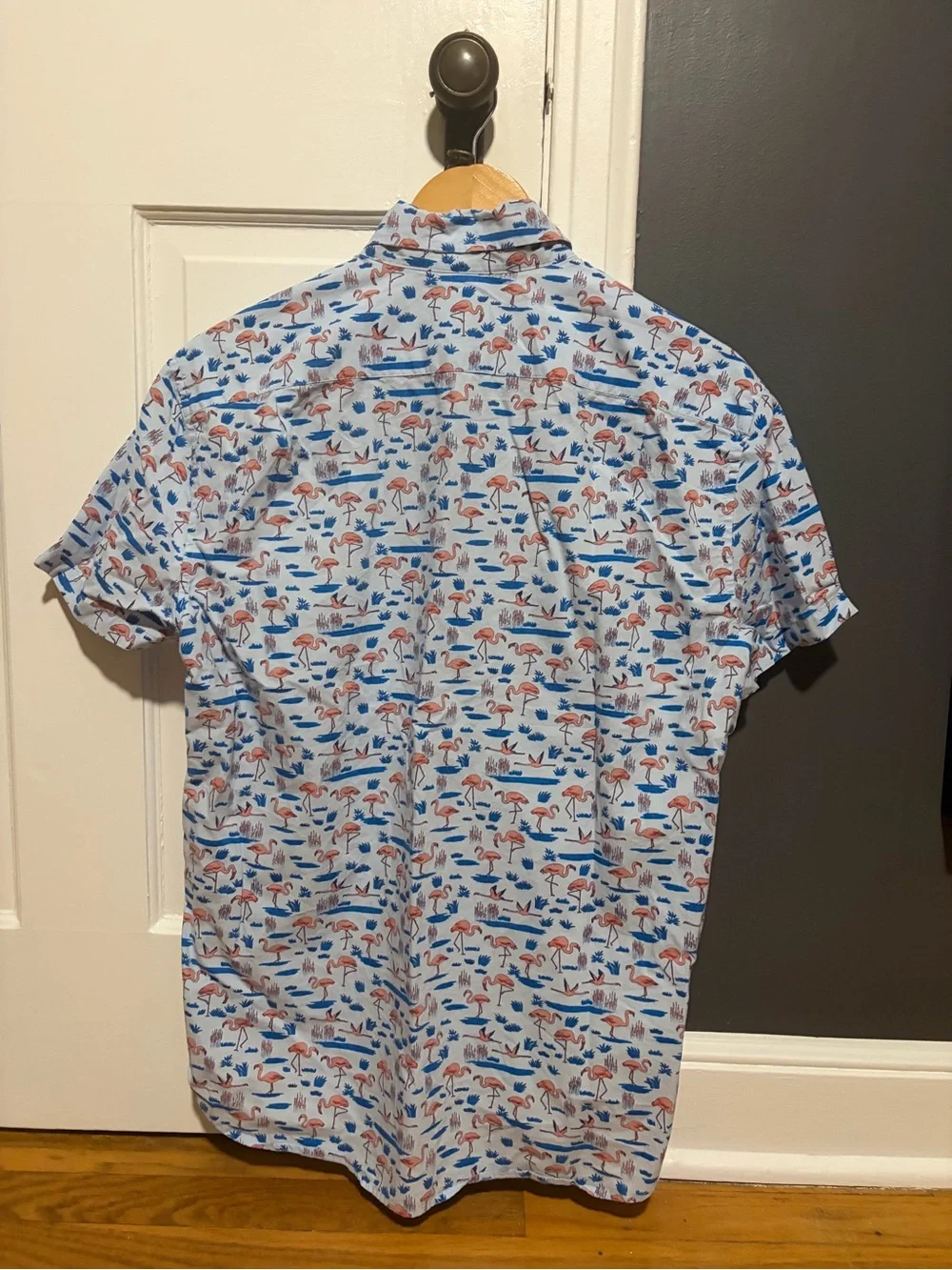 J. Crew Light Blue Flamingo & Water Print Short-Sleeve Shirt